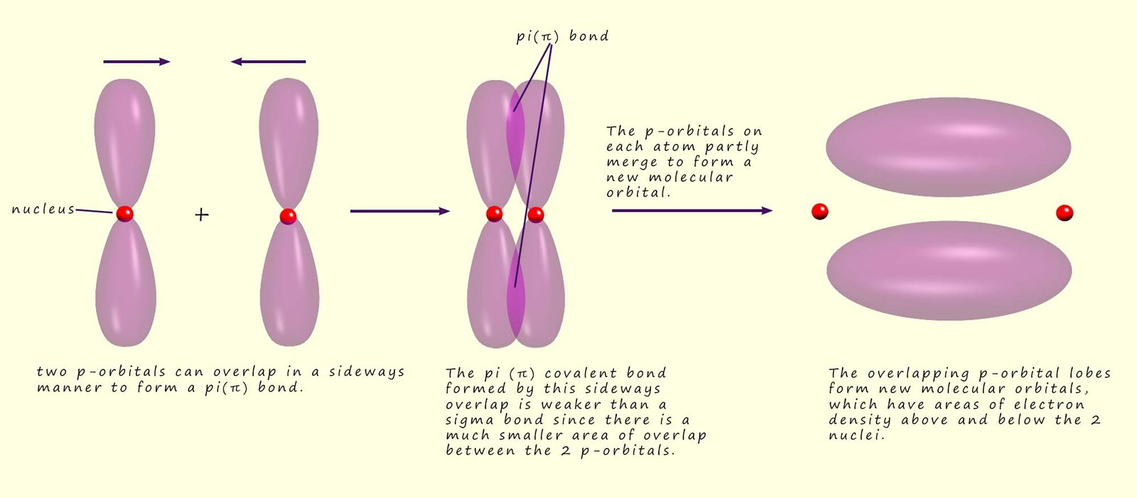 Explanation of how pi bonds are formed in alkenes by the partial overlap of p-orbitals to form new molecular orbitals with lobes of electron density above and below the plane of the carbon atoms.